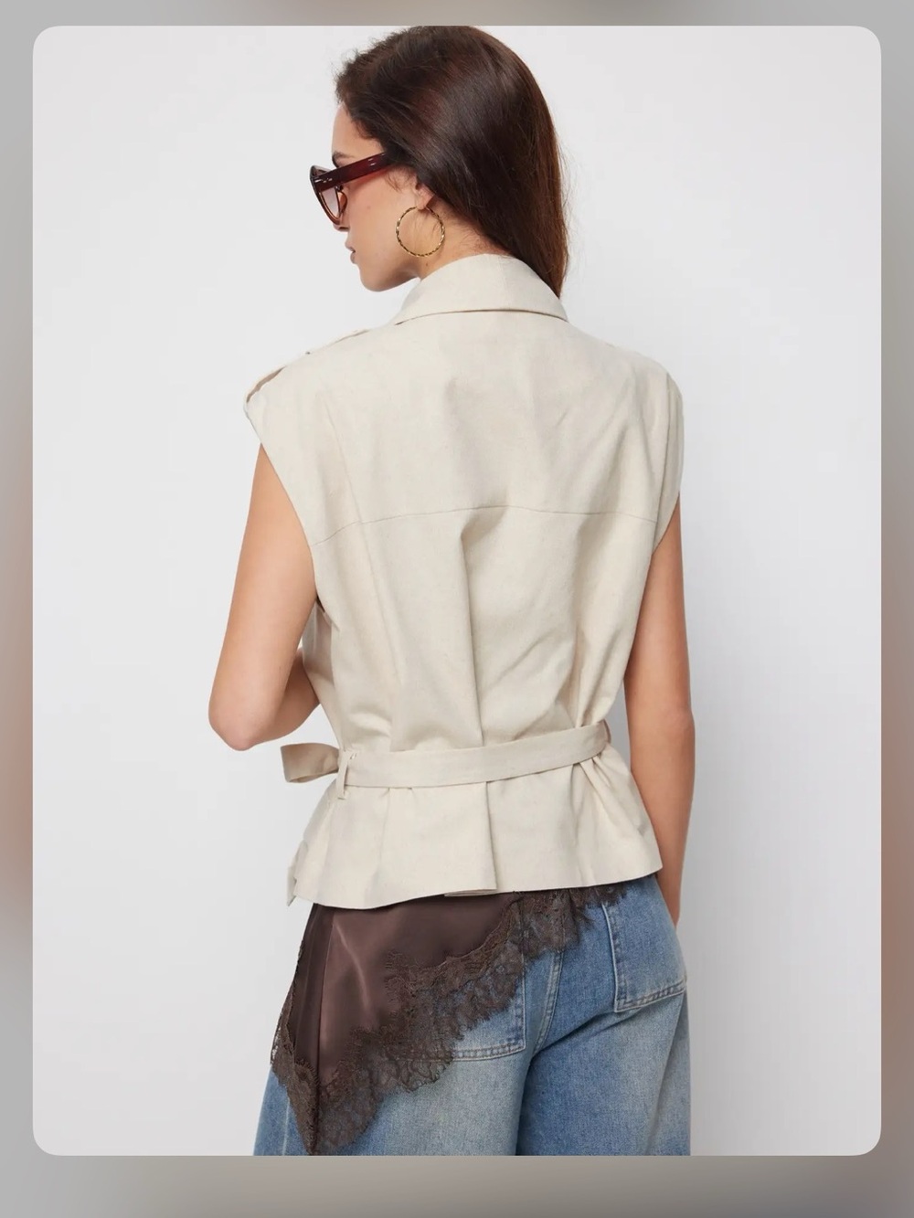Cider LINEN-BLEND V-NECK WRAP BELTED OVERSIZED BLAZER VEST L WC9-6 - Picture 7 of 8